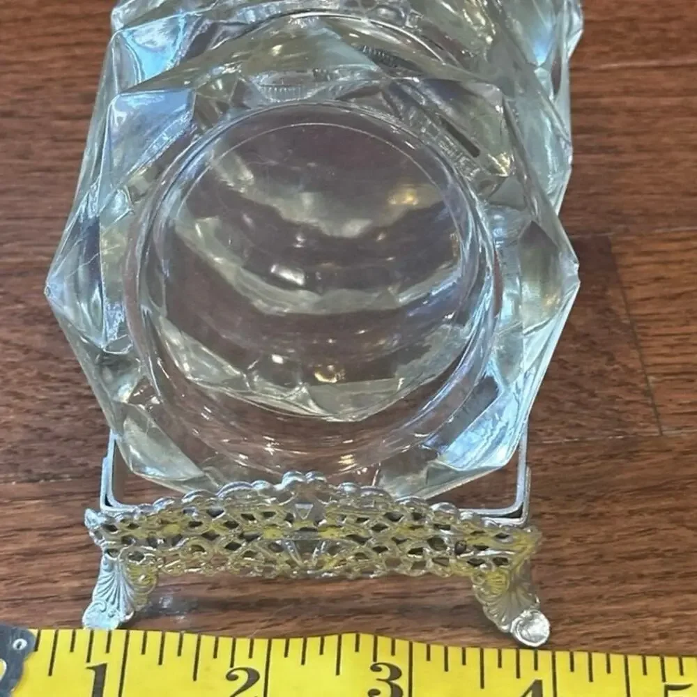 Vintage Mid Century Glass Ashtray & Caddy Set Floral-Like New